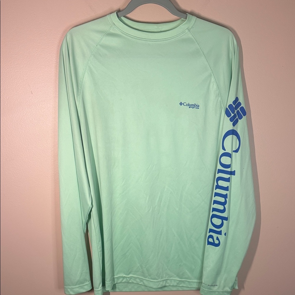 Columbia Light Green PFG Long Sleeve Shirt with Blue Logo